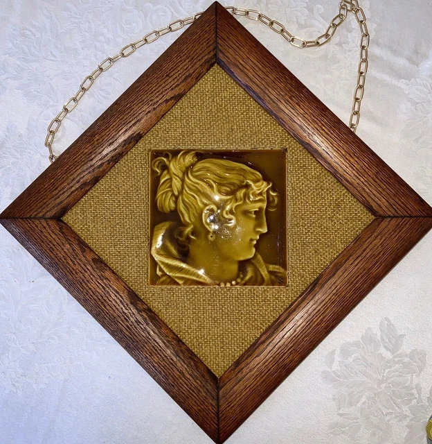 Trent Tile Co. Silhouette of a Woman's Face Tile in Wood Frame c. 1882- 3