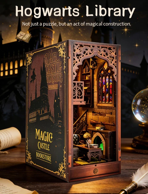 Book Nook Kit de bricolage en bois pour adultes - Puzzle 3D - Serre-livres - Décoration miniature - Maison de poupée - Cadeau pour bureau des affaires des chats