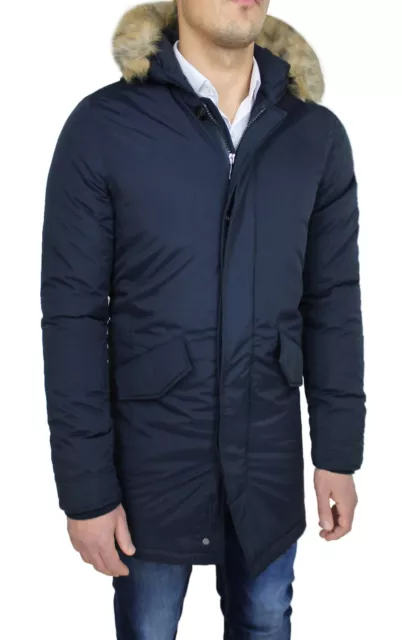 Giubbotto Parka uomo invernale casual trench blu giacca piumino con pelliccia