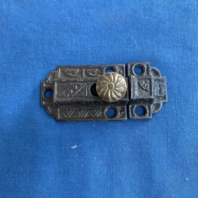 Antique Cast Iron Eastlake Spring Loaded Cabinet Door Lock Latch & Keeper
