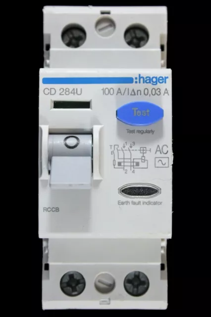 HAGER 100 AMP 30mA DOUBLE POLE RCCB RCD TYPE AC CD 284U 164355