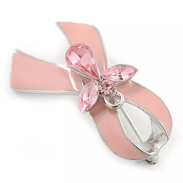 Baby Pink Enamel Crystal Angel Breast Cancer Awareness Ribbon Pin In Rhodium 3