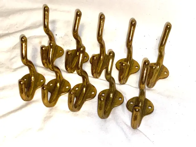 VINTAGE LOT of 10 SOLID IRON w BRASS COLOR SCHOOL HAT COAT DOUBLE HOOKS