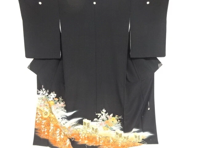 82332# Japanese Kimono / Antique Tomesode / Embroidery / Floral Cart & Fence
