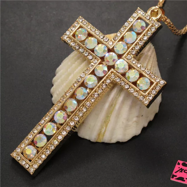 Hot AB White Shiny Crystal Prayer Cross Holiday gifts Pendant Sweater Necklace
