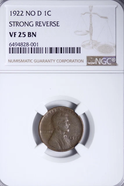 1922 No D Strong Reverse Lincoln Wheat Cent Penny NGC VF25 Key Date! ABLM