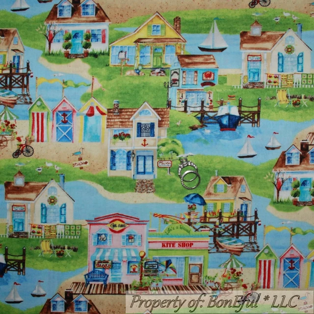 BonEful Fabric FQ Cotton Quilt Blue Sky Cloud Water Scenic Sail Boat House Ocean