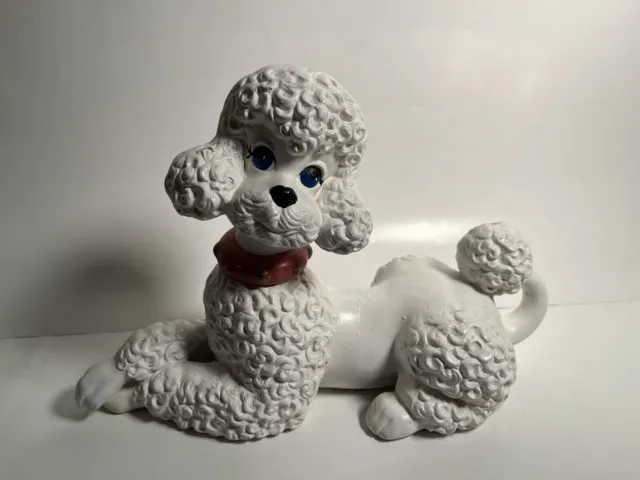 Vntg Atlantic Mold Ceramic Poodle Dog Figurine Statue 11” White Red Collar Puppy