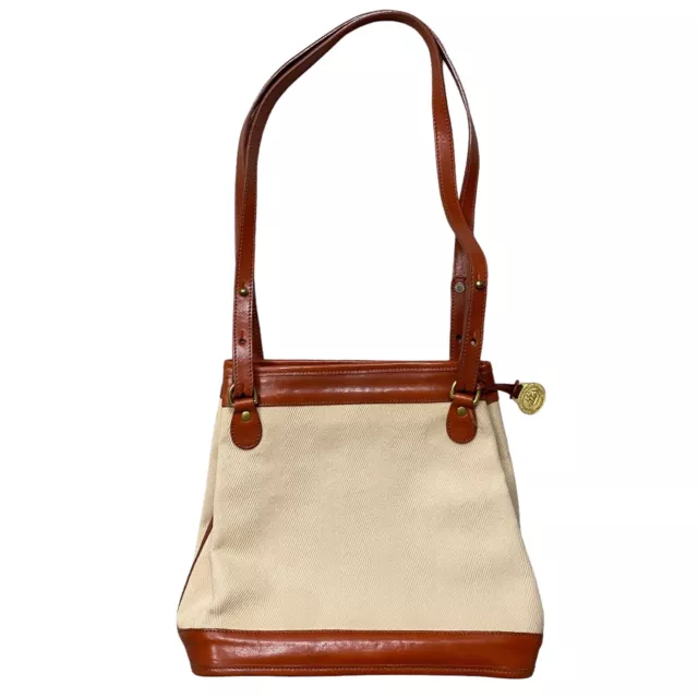 Euc Brahmin Leather & Canvas Tote Bag Purse Satchel Handbag Tan / Brown