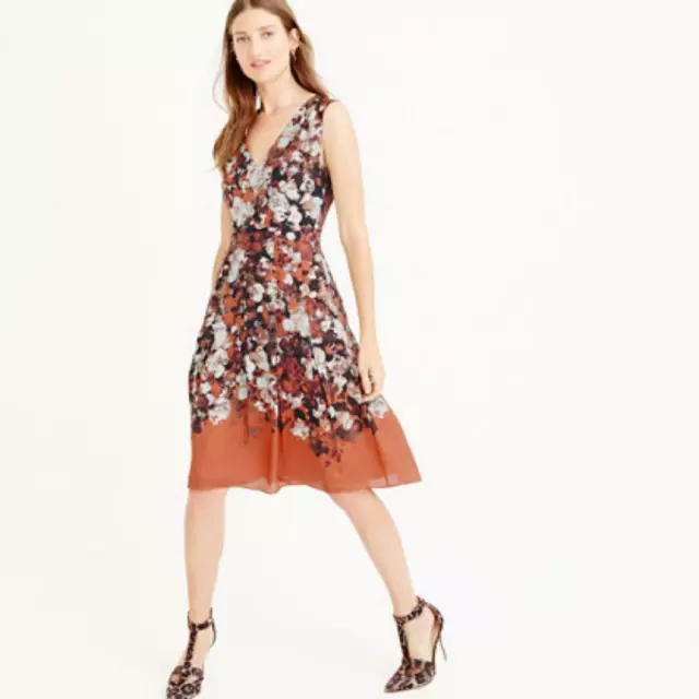 Jcrew Collection A-Line Occasion Silk Dress 8 Autumn Floral Rust Event Occasion