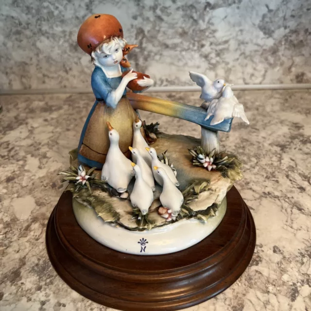 Capodimonte Porcelain Figurine by Quio Pezzoto - girl, feeding geese rare