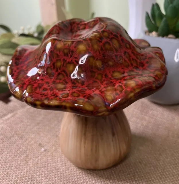 Whimsical Red Brown Glaze Top Ceramic Mushroom Garden Pottery 6" Mushroom HL33a