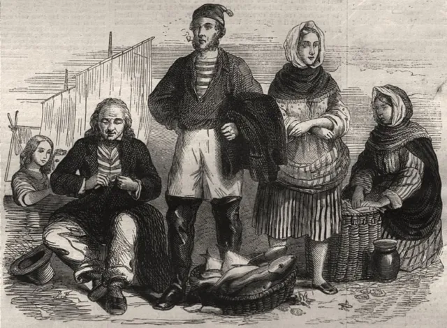 Newhaven fishermen and fishwives. Scotland, antique print, 1862