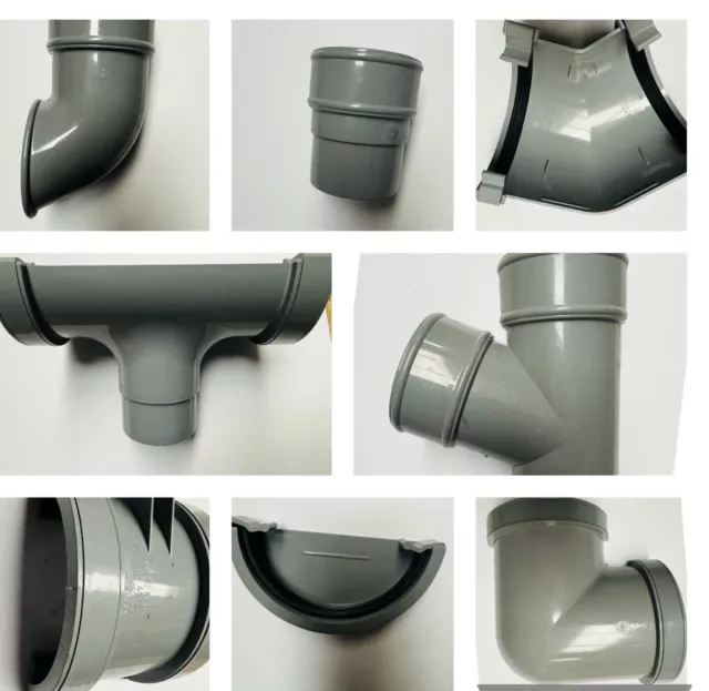 Graue halbrunde Rinne und Daunenauslaufbeschläge 112 mm, 68 mm Union Stopend Ast
