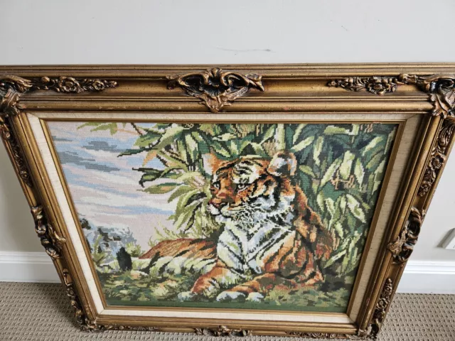 Large Framed Vintage Cross Stitched tiger - Circa 70's, 20 x 24 inch