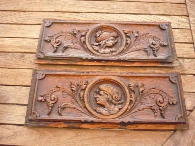 pair Antique Hand Carved Wood Figural Pediments Architectural Salvage Furniture