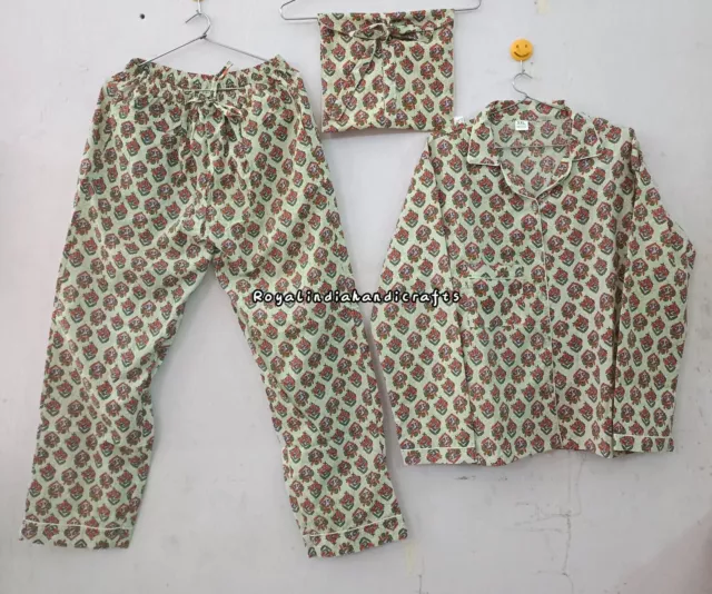 Ensemble 3 pièces en coton indien pour femme, pyjama, pantalon, chemise,...