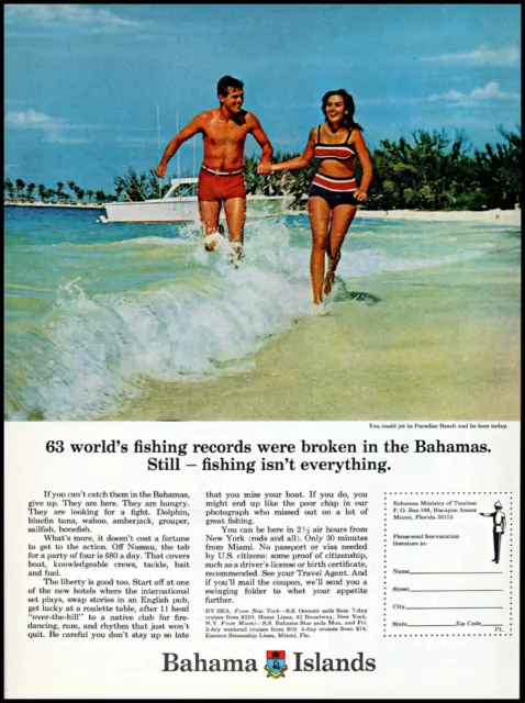 1967 Couple running on beach photo Bahama Islands boat vintage print ad ads46
