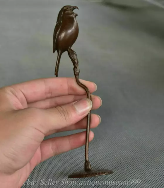 6.4" Old Chinese Red Copper Animal Tree pied magpie Birds Statue Sculpture