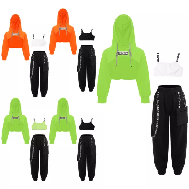 Kids Girls Track Suit #Selfie Black & Neon Green Hooded Crop Top Bottom Jog  Suit