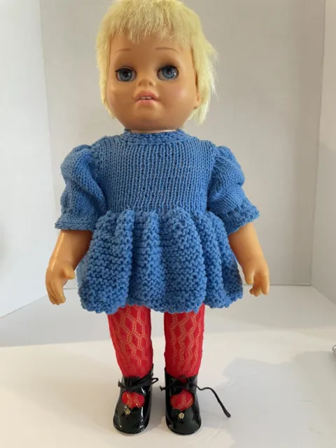 Mattel 1960'S Tiny Chatty Cathy 15" Doll W/ Hand Made Blue Knit Outfit W/Shoes