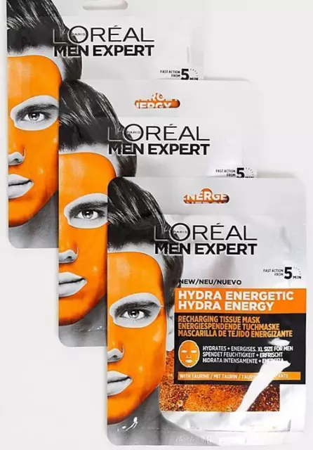 3 x L'Oreal Paris Men Expert Hydra Energetic Tissue Mask 30g.