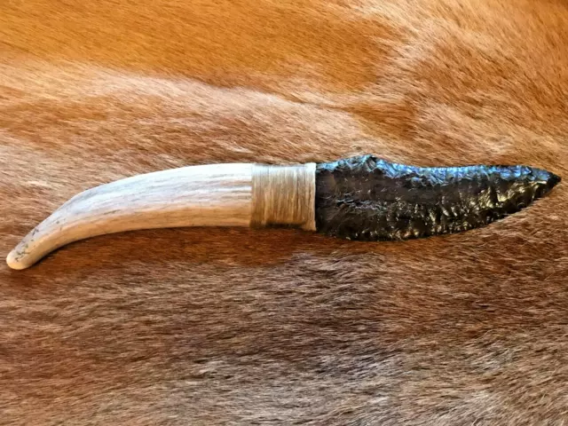 Obsidian  knife elk antler handle primitive weapon HAND CRAFTED IN THE USA