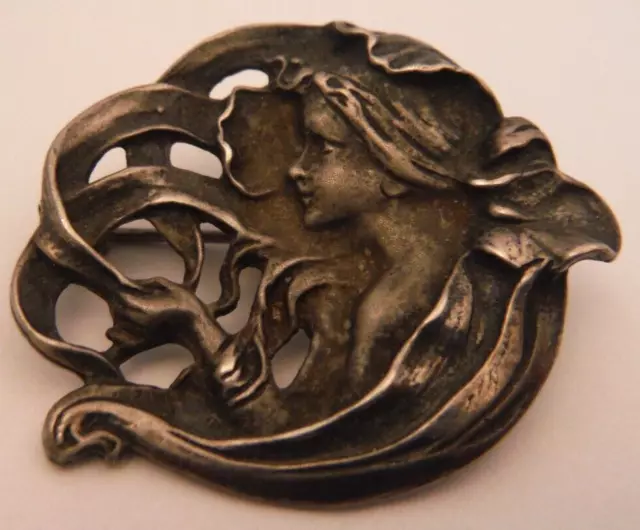 VTG Sterling Silver ART NOUVEAU Woman Flowers Floral Mucha Necklace Pendant Pin