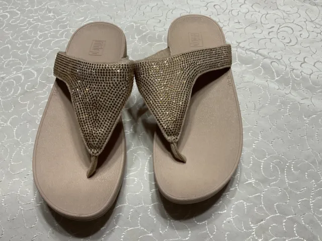 FitFlop Lulu Shimmer Foil Sandal Women's Size 7 Gold Rhinestone Wedge mint