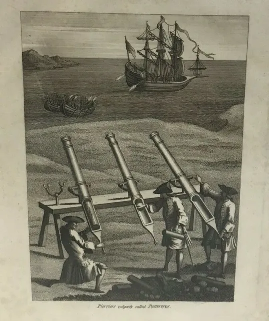 Antique Military Engraving 1801 Men Aiming Pierriers Canon Ship Sea Vessels War
