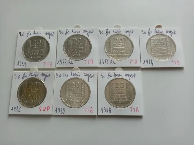 Série de 7 Pièces de 20 Francs Turin Argent de 1929 a 1938 dont la 1936 en SUP