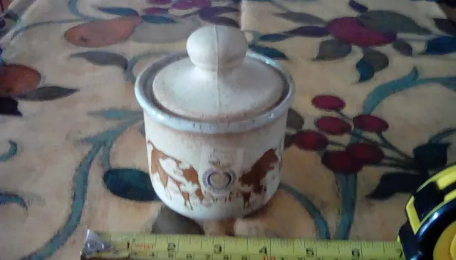Vintage Retro Dunoon Stoneware Lidded Pot Decorated With Load Of Bullocks.4"Tall