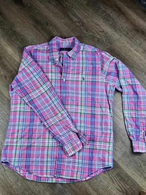 Ralph Lauren Button Up Shirt Blue/Pink/Green Plaid Oxford Mens L Easter