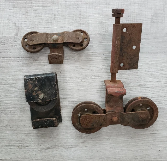 3 Antique Rusty Primitive Barn Door Roller Hangers.