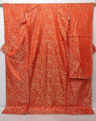 1027N01z1860 Vintage Japanese Kimono Silk UCHIKAKE Orangered Chrysanthemum