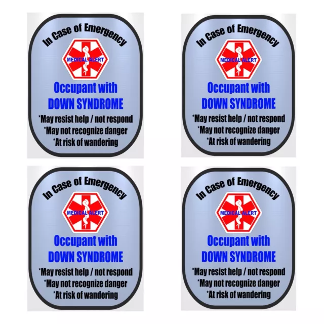 4 Pack Down Syndrome Medical Alert Safety Window Decals