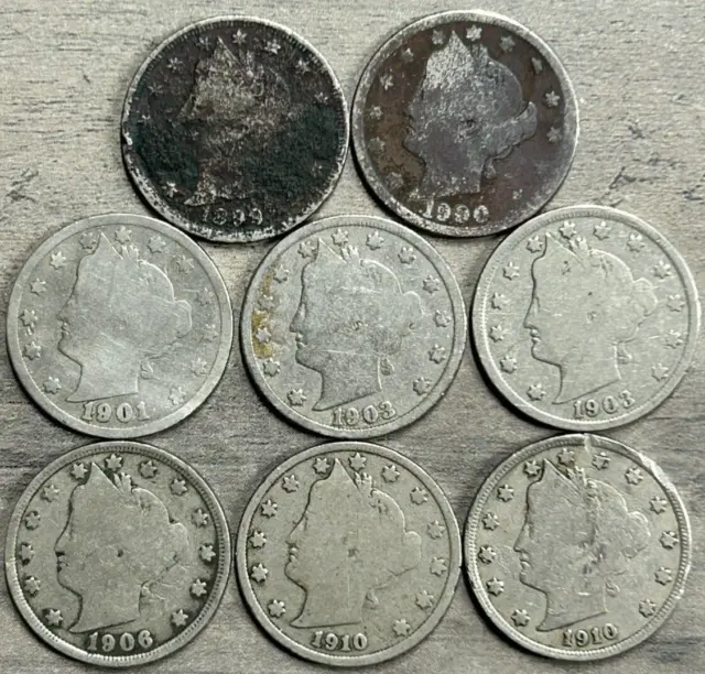 Lot of 8 Liberty Head V Nickels 1899-1910 Average Circulation
