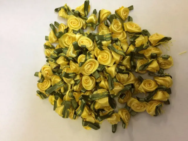 20 X Mini Small Yellow Satin Ribbon Rose Buds Flowers with Green Leaves