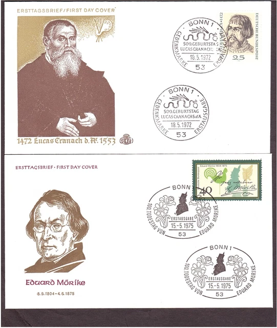 2 FDC BRD 718 Lucas Cranach 18.5.72, 842 Eduard Mörike 15.5.75, EST