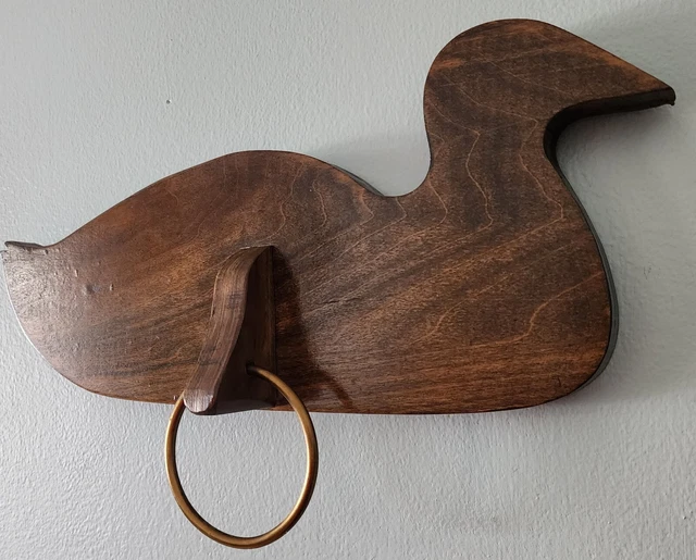 80's Signed Wooden Duck Towel Holder  Brass Ring, Folk Art, Handcrafted