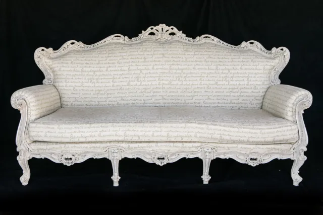French Vintage 1930's Settee , Carved Wood, French Fabric, Off White Tones