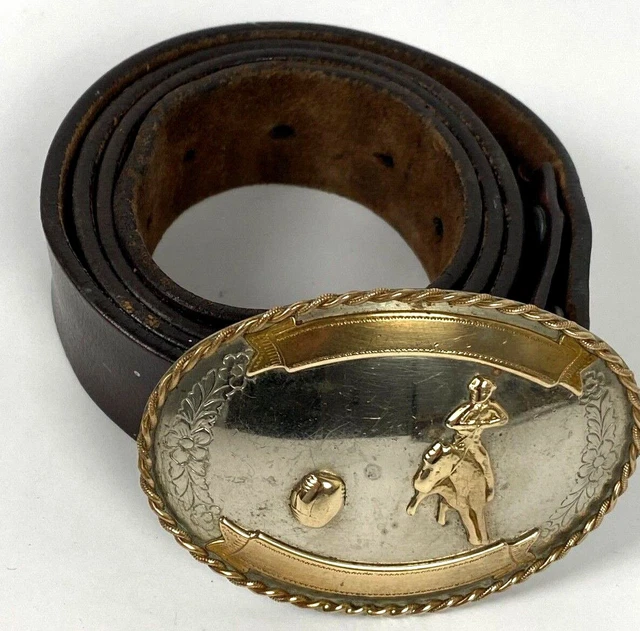 VTG Barrel Racing Western Belt Buckle Nickel Silver Levis Leather Belt SZ 34/36