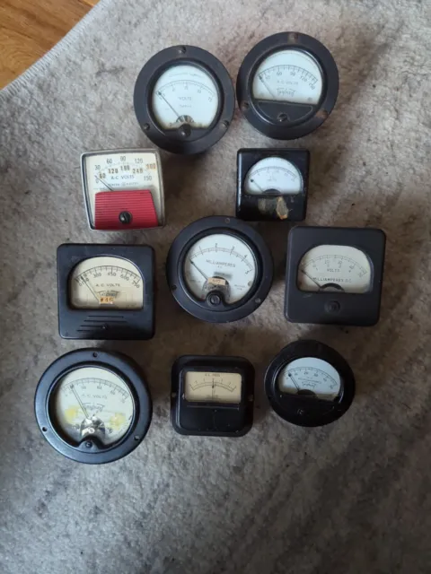 10 Lot Various Vintage Meters Gauges, Simpson Triplett, GE, Weston, Burlington