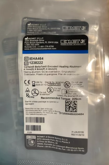 Biomet Certain Encode Healing Abutments IEHA464.  Lot Of 10. Exp 2025