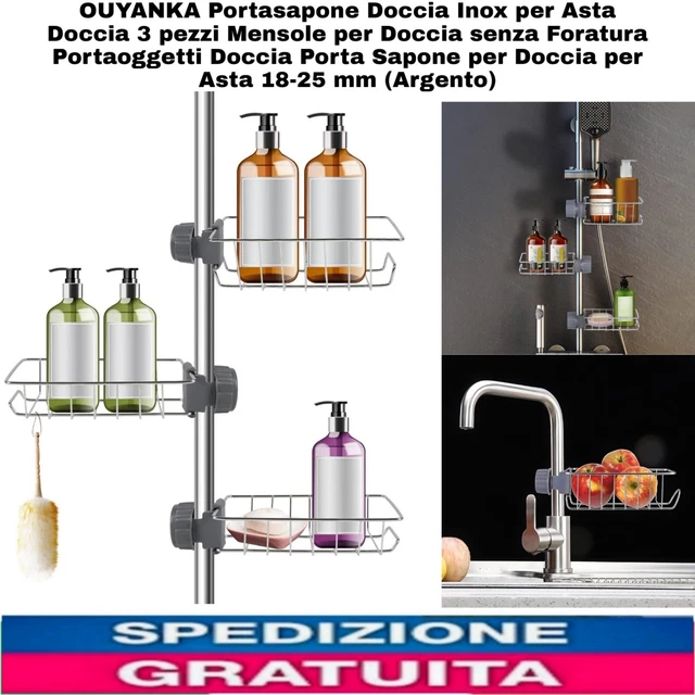 Mensola Doccia Senza Foratura - 3 Pezzi, Acciaio Inox 304, Regolabile Per Asta 18-25 Mm - Foto 2