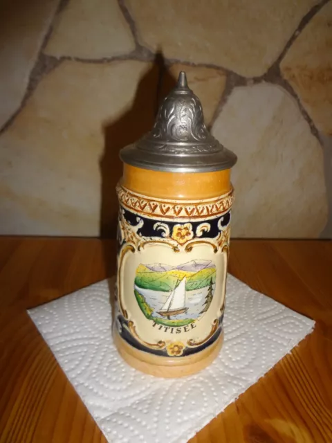 Kleiner Bierkrug mit Zinndeckel Panorama Motiv Titisee