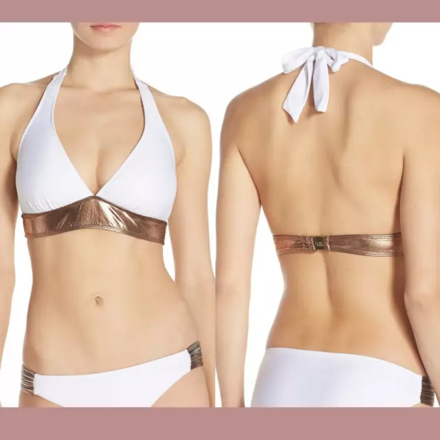 NWT LUXE by Lisa Vogel Premier Metallic Halter Bikini Top in White [SZ 12 ] R996