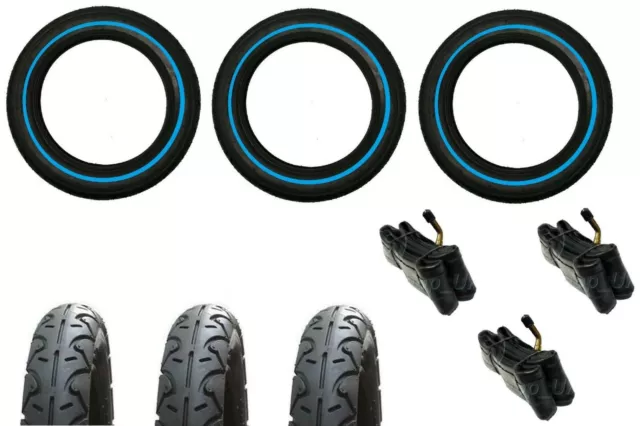 3 x Phil & Teds Navigator 3 x 12" Pram Tyres + Bent Valve tubes - BLUE LINE