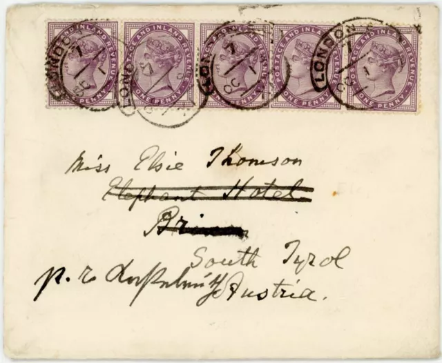 GB QV 1890 to AUSTRIA 5 x 1d LILACS + LONDON E.C HOODED SCROLL BRIXEN KASTELRUTH