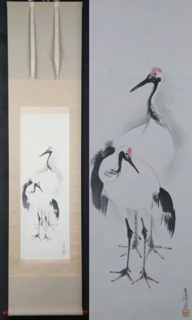 Japan Tsuru birds Kakejiku silk paper scroll 1980 watercolor art
